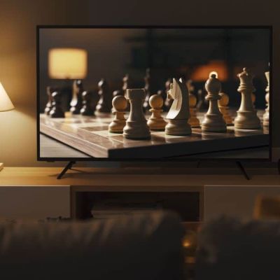 Tela de TV com a imagem de um tabuleiro de xadrez, jogo símbolo da estratégia.