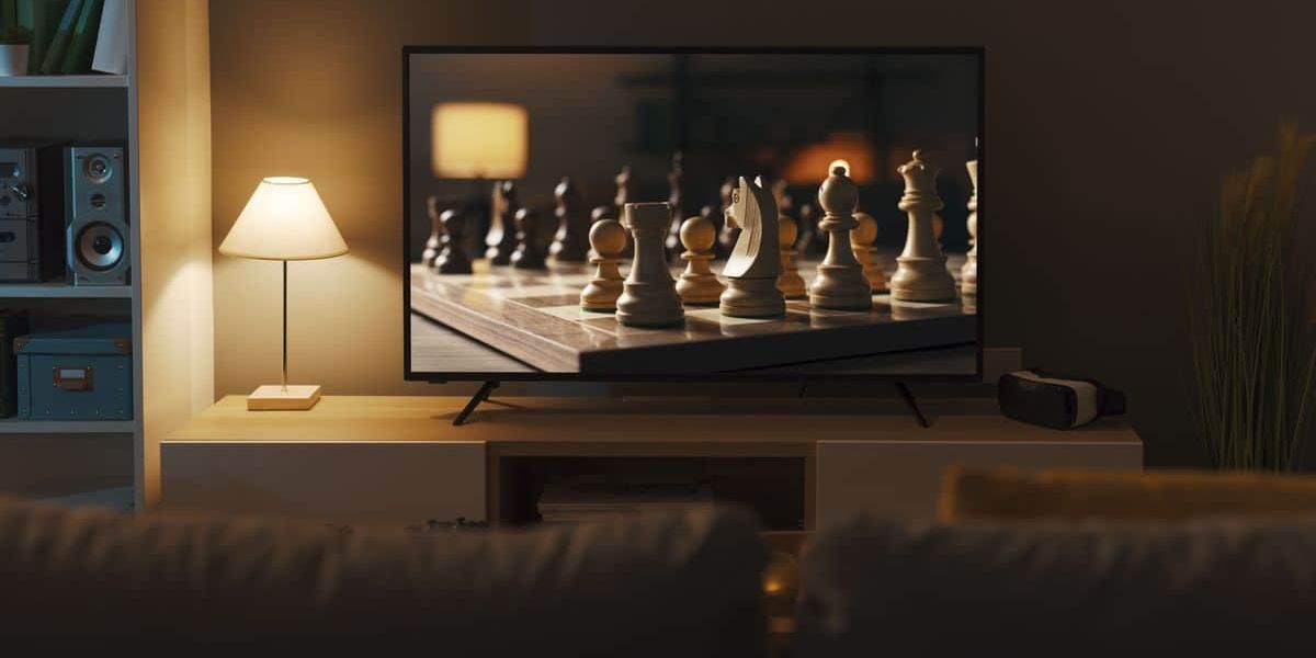 Tela de TV com a imagem de um tabuleiro de xadrez, jogo símbolo da estratégia.